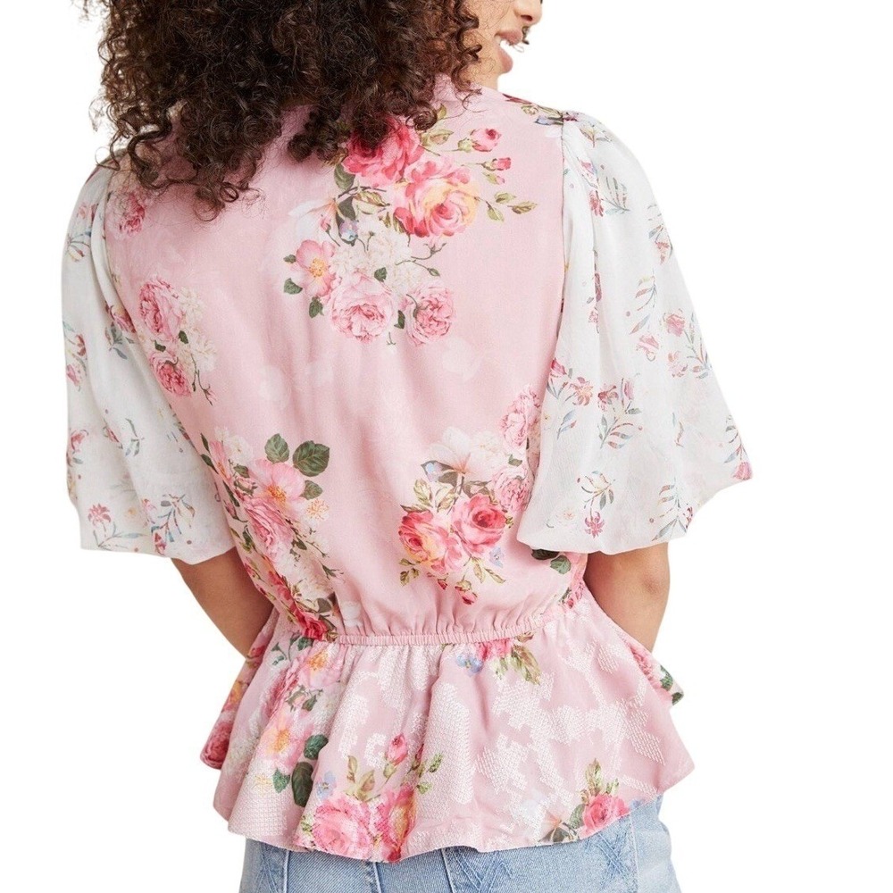 Anthropologie Hemant & Nandita Pink Embroidered Rose Garden Peplum Blouse XS - Picture 2 of 12